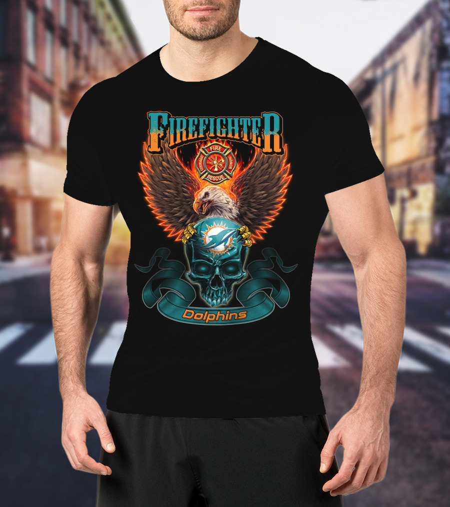Firefighter Fire Rescue Eagle Miami Dolphins Skull T-Shirt