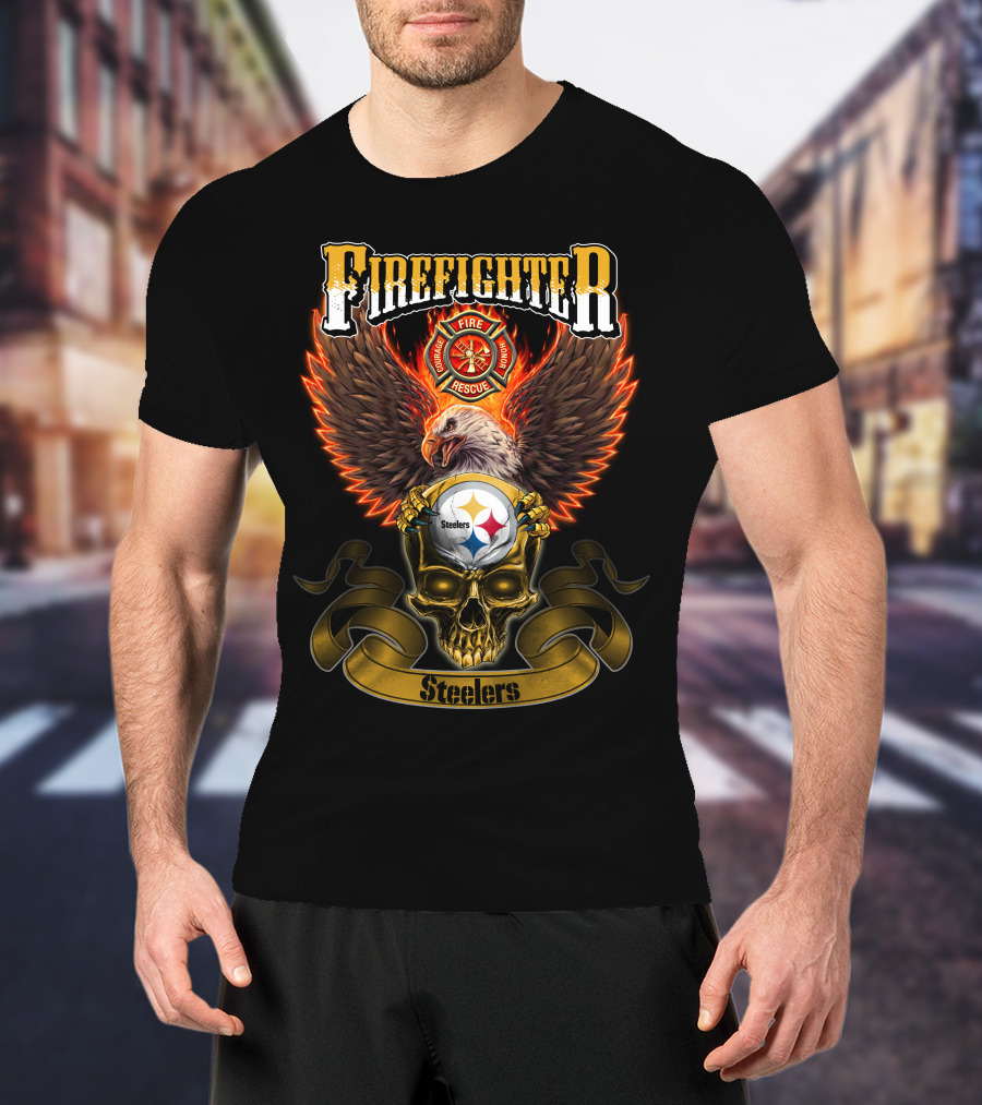 Firefighter Eagle Pittsburgh Steelers Fire Rescue Badge Skull T-Shirt