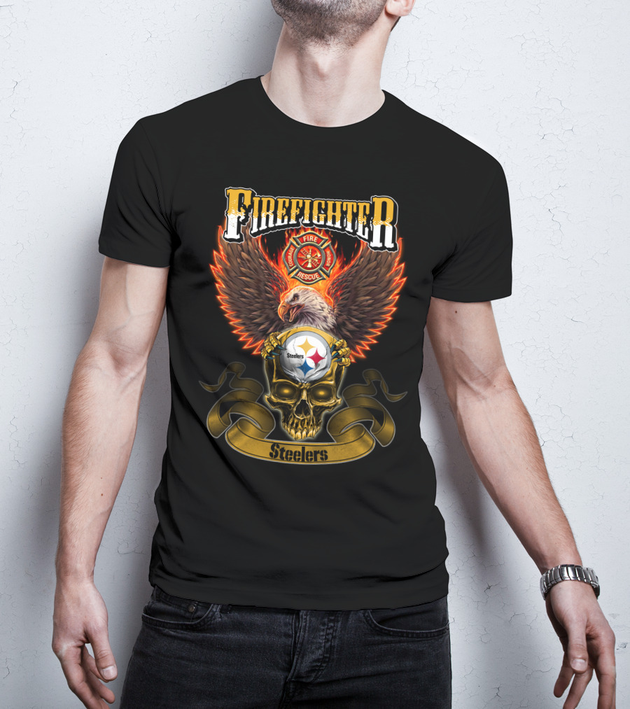 Firefighter Eagle Pittsburgh Steelers Fire Rescue Badge Skull T-Shirt