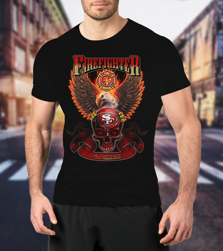 Firefighter Fire Rescue Eagle 49ers SF Skull T-Shirt