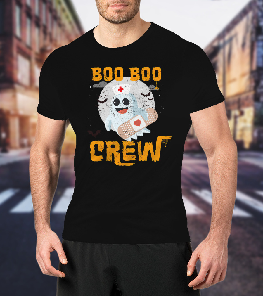 Boo Boo Crew Nurse Ghost With Bandage And Bats Moon Halloween T-Shirt