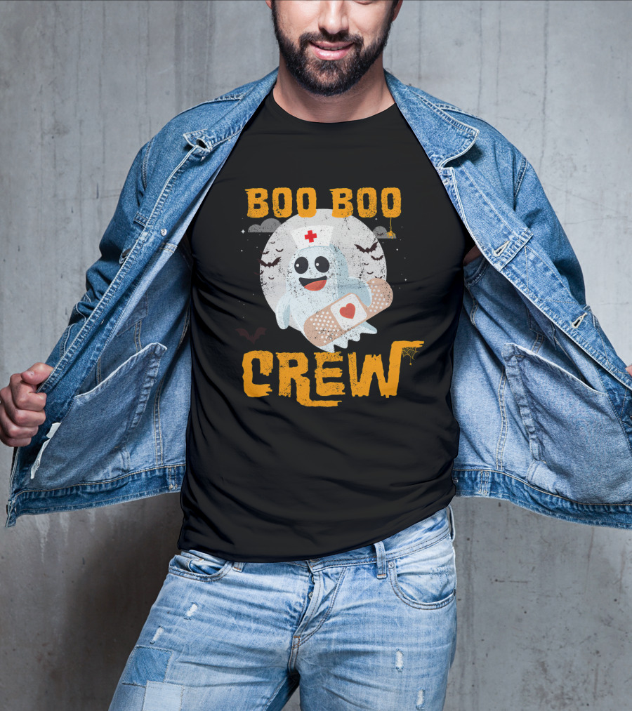 Boo Boo Crew Nurse Ghost With Bandage And Bats Moon Halloween T-Shirt