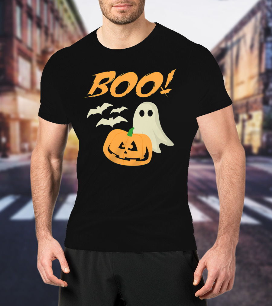 Boo Halloween Ghost Bats Jack O Lantern Spooky Scene T-Shirt
