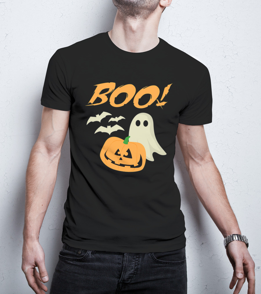 Boo Halloween Ghost Bats Jack O Lantern Spooky Scene T-Shirt
