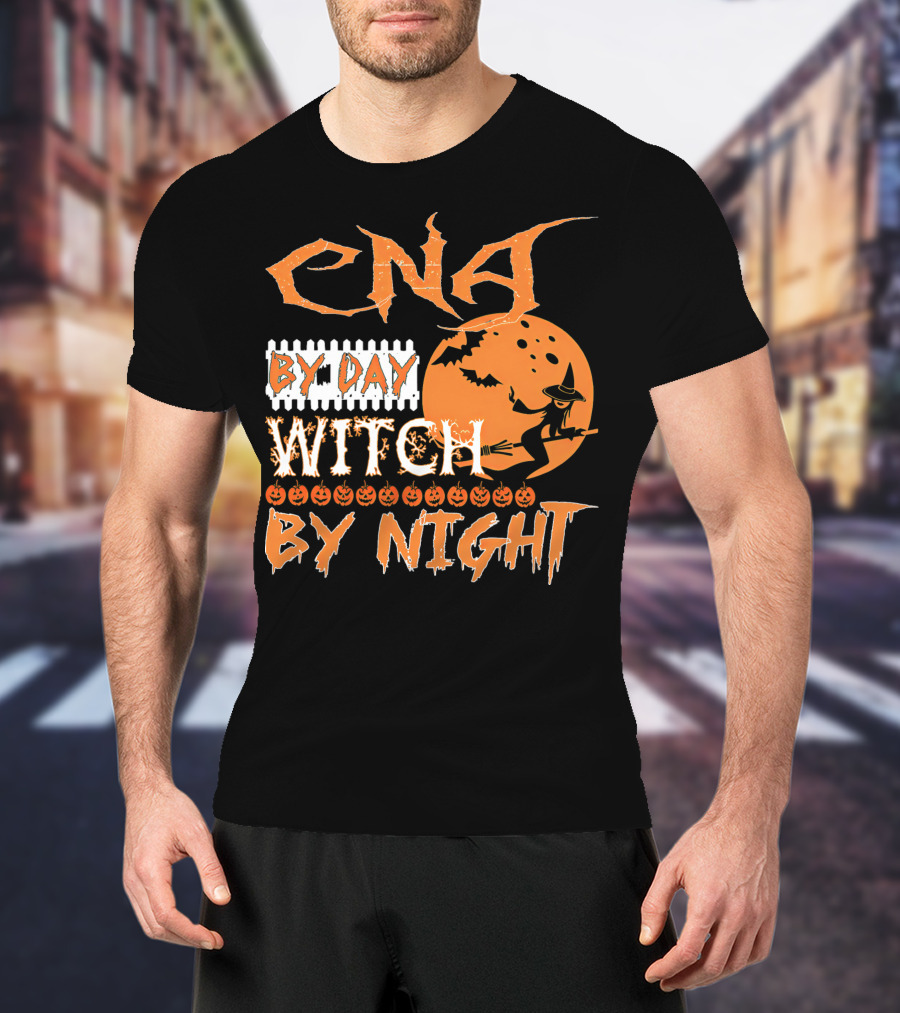 CNA By Day Witch By Night Flying Witch On Broom With Pumpkins And Bats T-Shirt