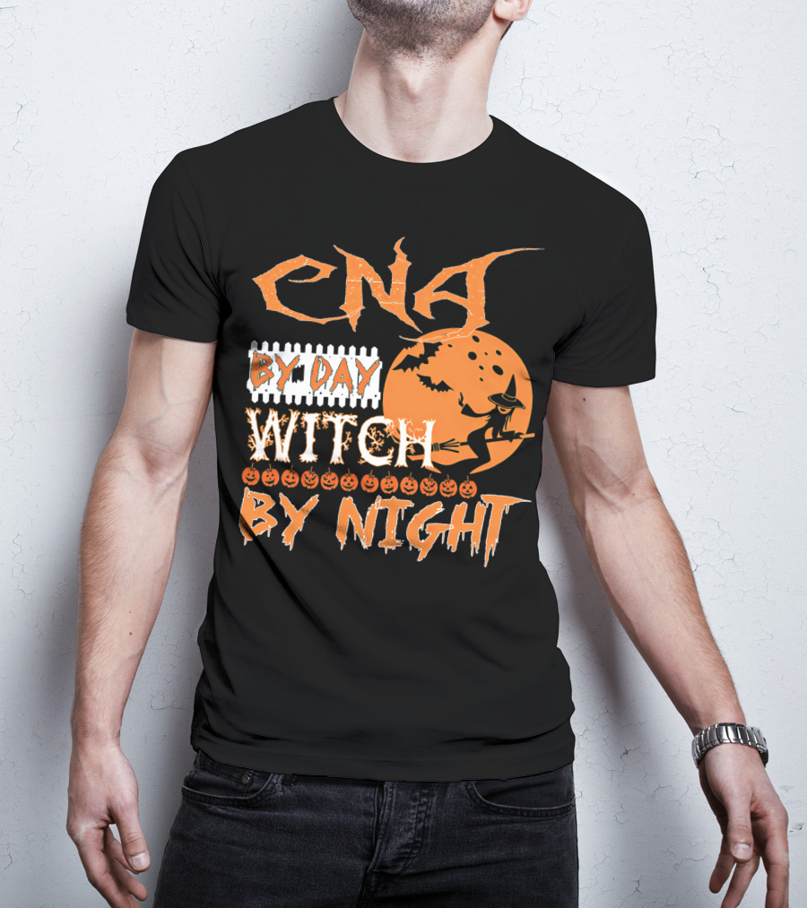 CNA By Day Witch By Night Flying Witch On Broom With Pumpkins And Bats T-Shirt