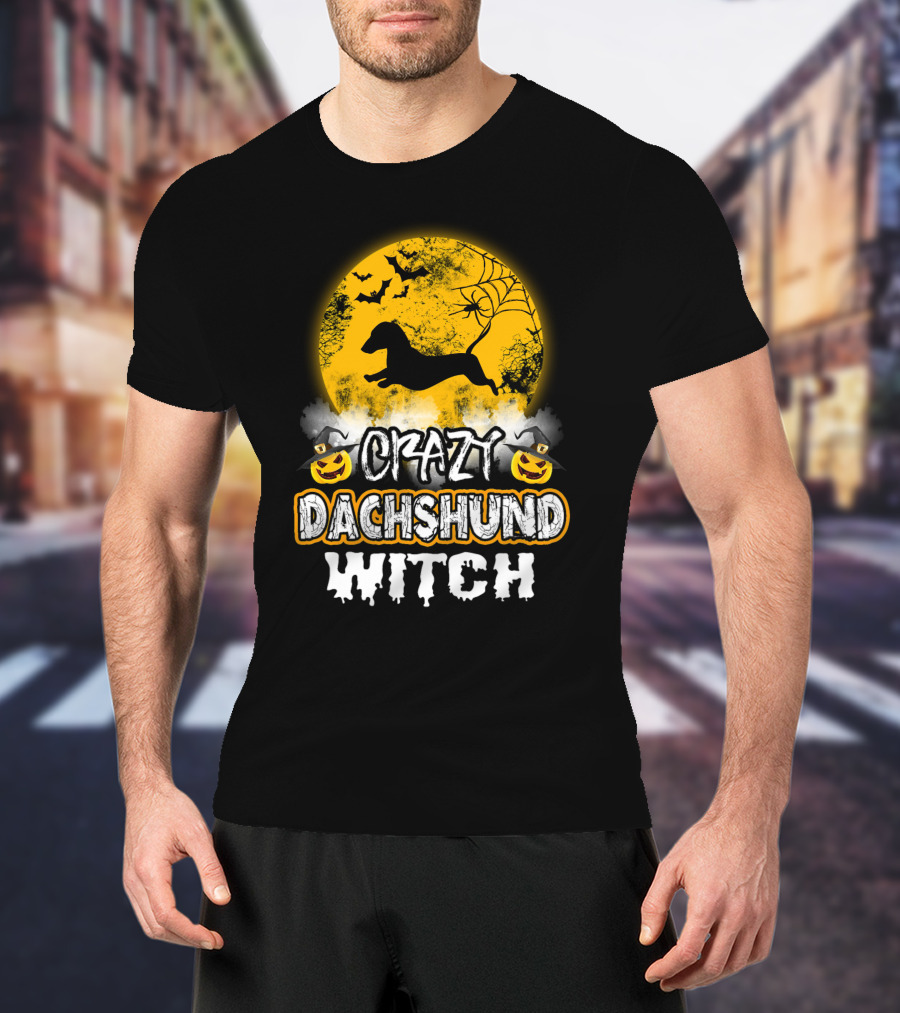 Crazy Dachshund Witch Moon Bats Pumpkin T-Shirt