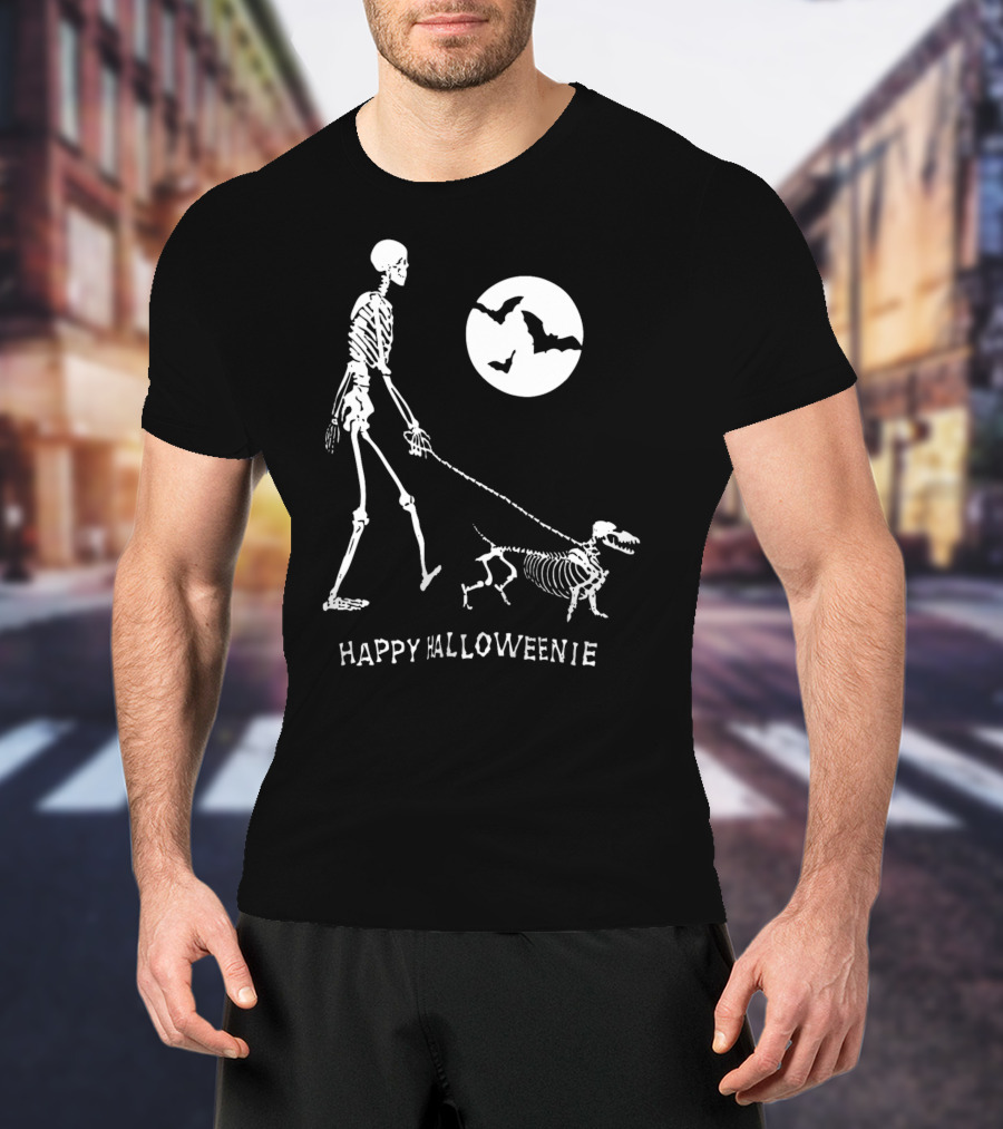 Happy Halloweenie Dachshund Skeleton Moon Bats T-Shirt