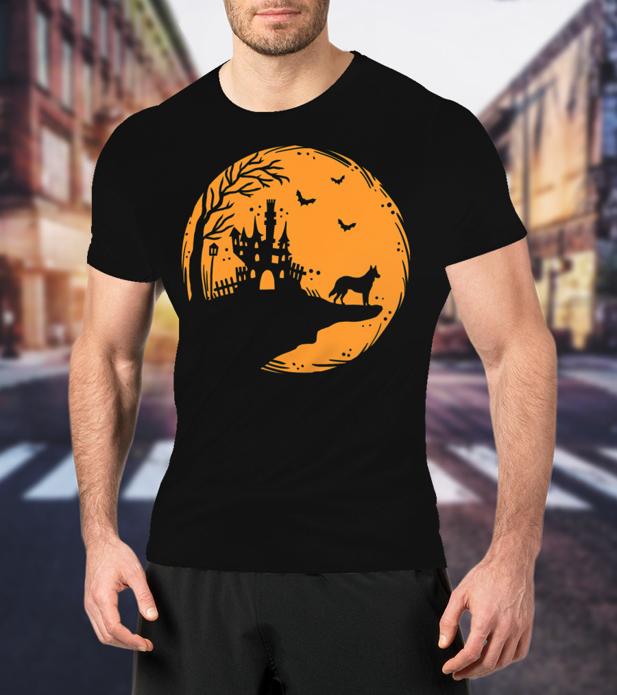 Halloween Dog Silhouette With Haunted Castle And Bats T-Shirt