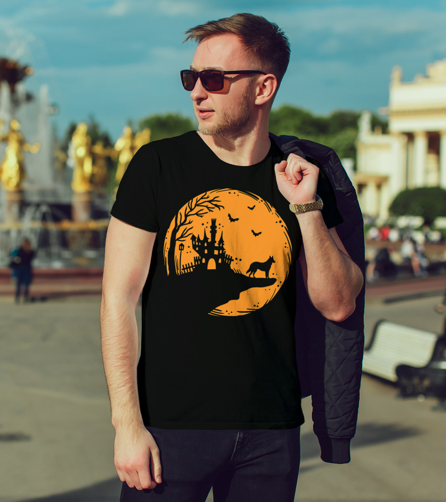 Halloween Dog Silhouette With Haunted Castle And Bats T-Shirt