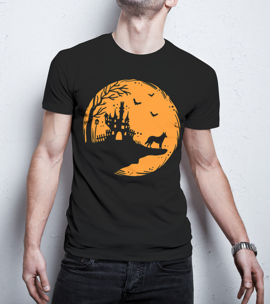 Halloween Dog Silhouette With Haunted Castle And Bats T-Shirt