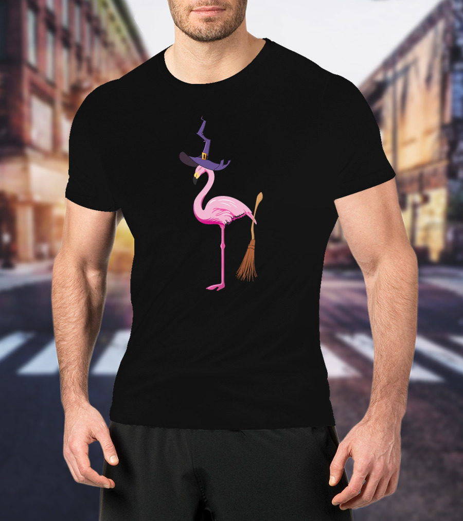 Flamingo Witch With Broom Halloween Magic T-Shirt