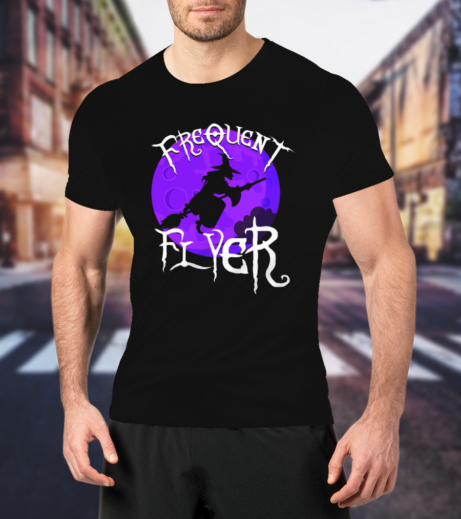 Frequent Flyer Witch Broom Silhouette Against Purple Moon T-Shirt