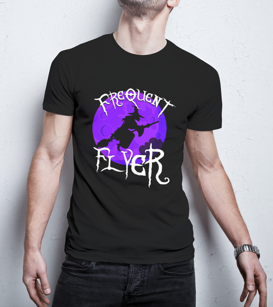 Frequent Flyer Witch Broom Silhouette Against Purple Moon T-Shirt