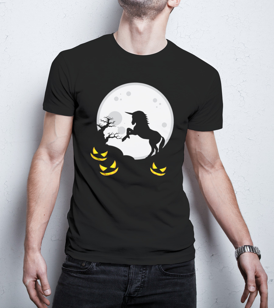 Halloween Unicorn And Jack-O'-Lanterns Full Moon Scene T-Shirt