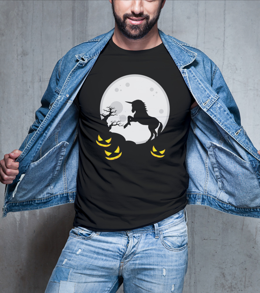 Halloween Unicorn And Jack-O'-Lanterns Full Moon Scene T-Shirt