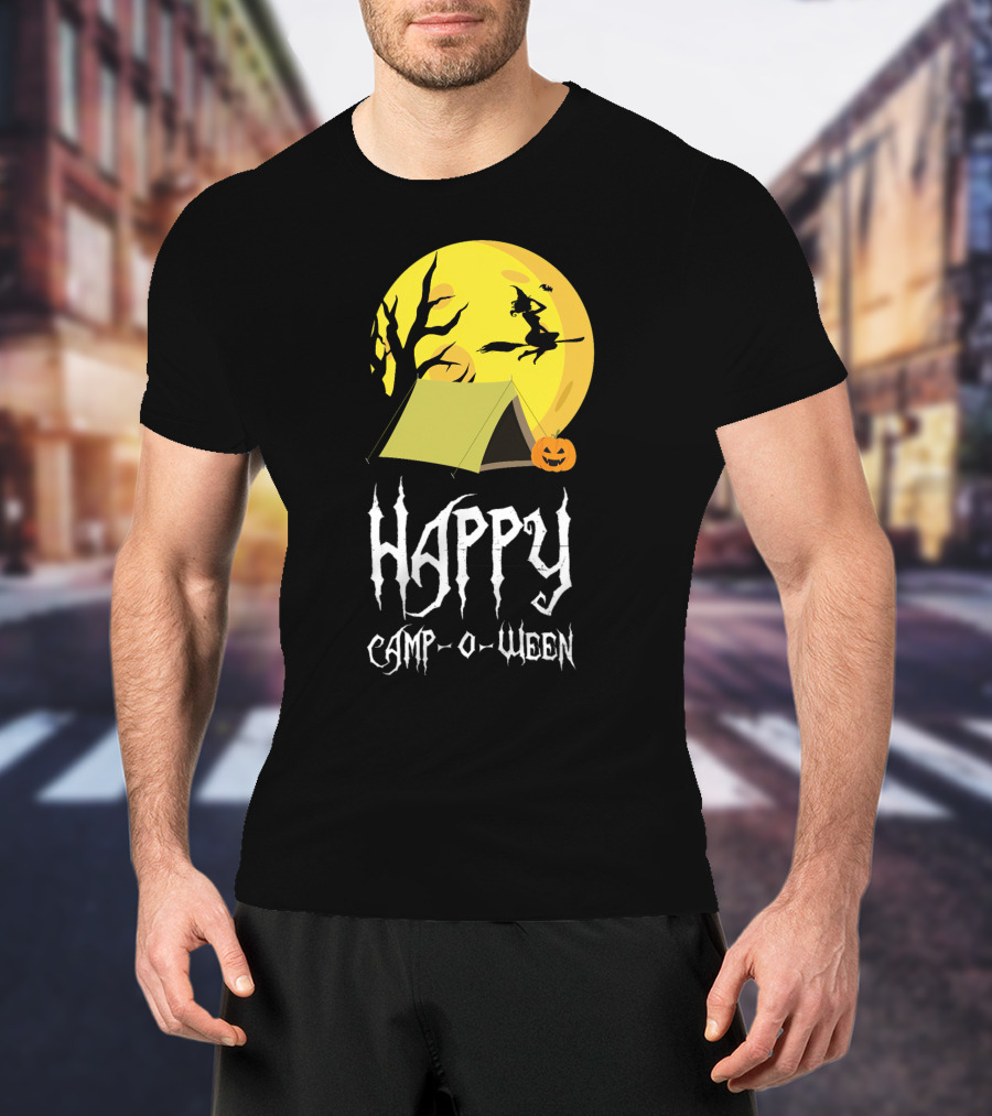 Happy Camp O Ween With Witch And Pumpkin Camping Under Full Moon T-Shirt