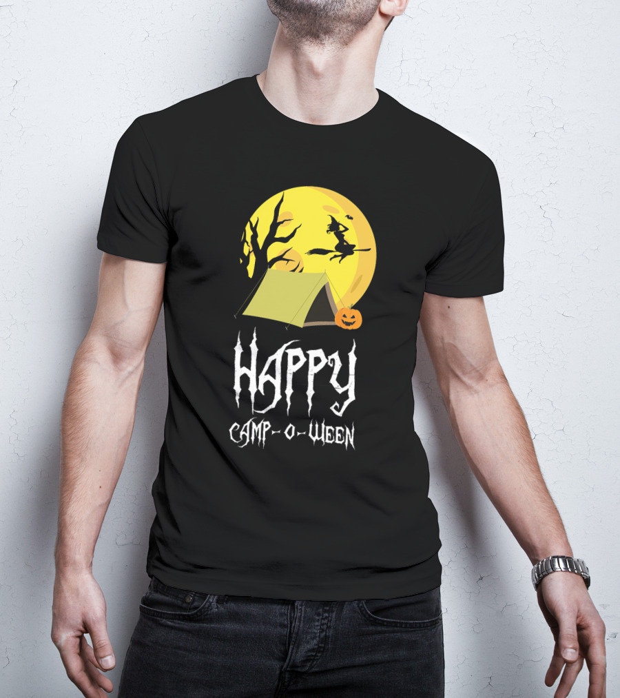 Happy Camp O Ween With Witch And Pumpkin Camping Under Full Moon T-Shirt