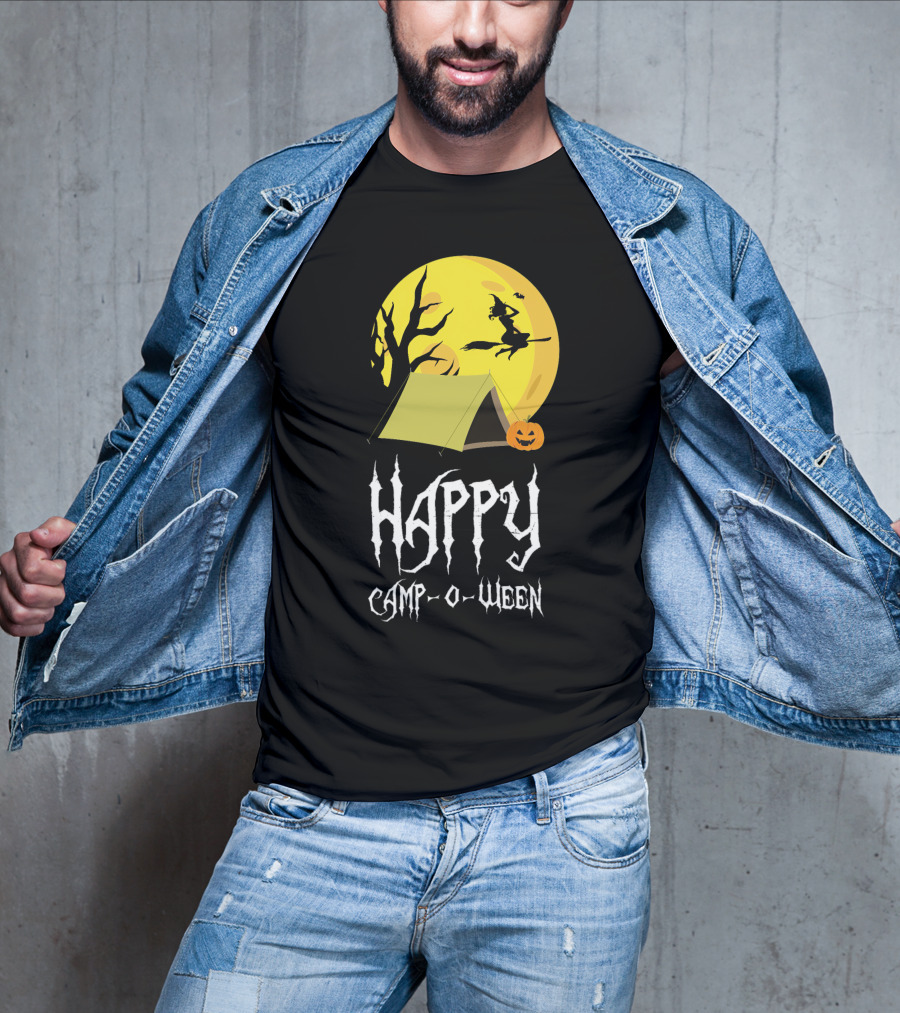 Happy Camp O Ween With Witch And Pumpkin Camping Under Full Moon T-Shirt