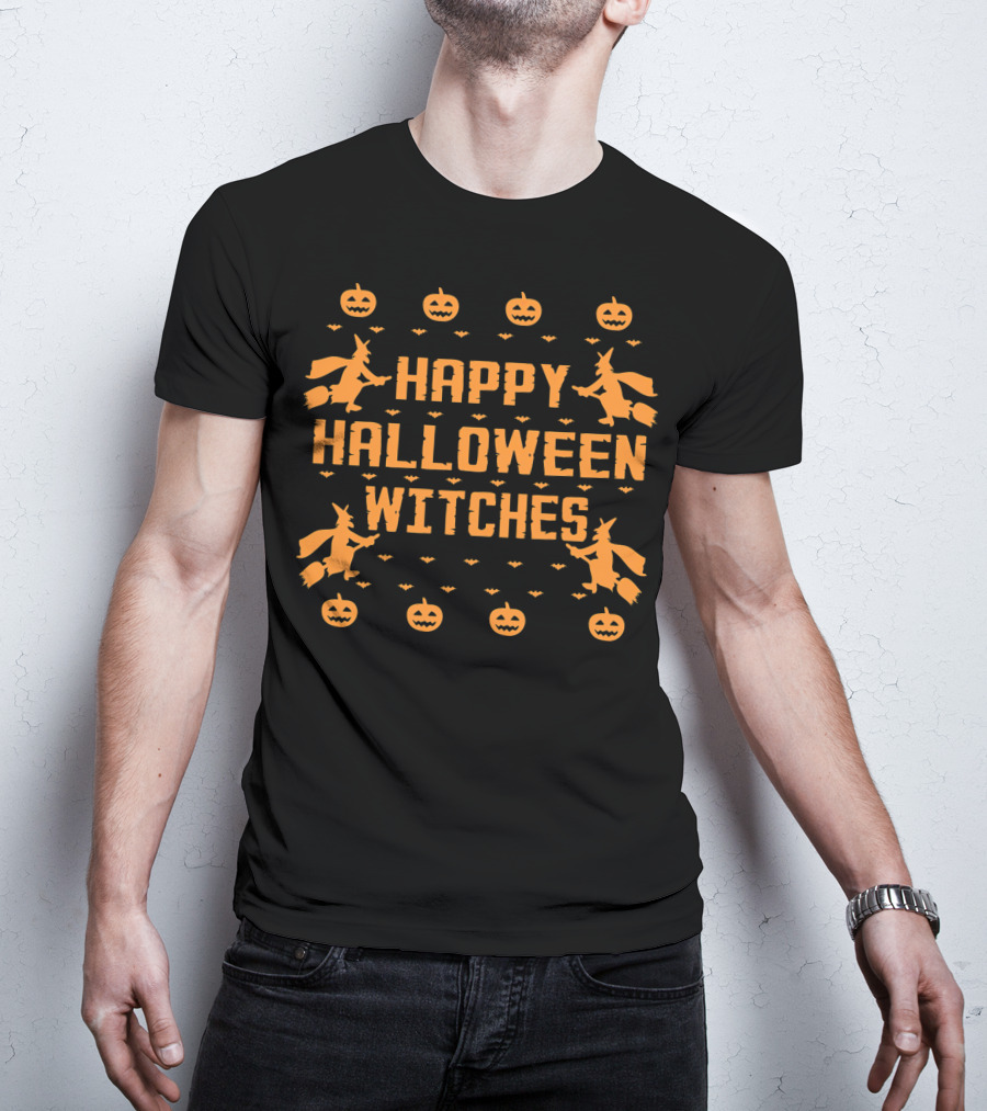 Happy Halloween Witches Flying Broomsticks Pumpkins Bats T-Shirt