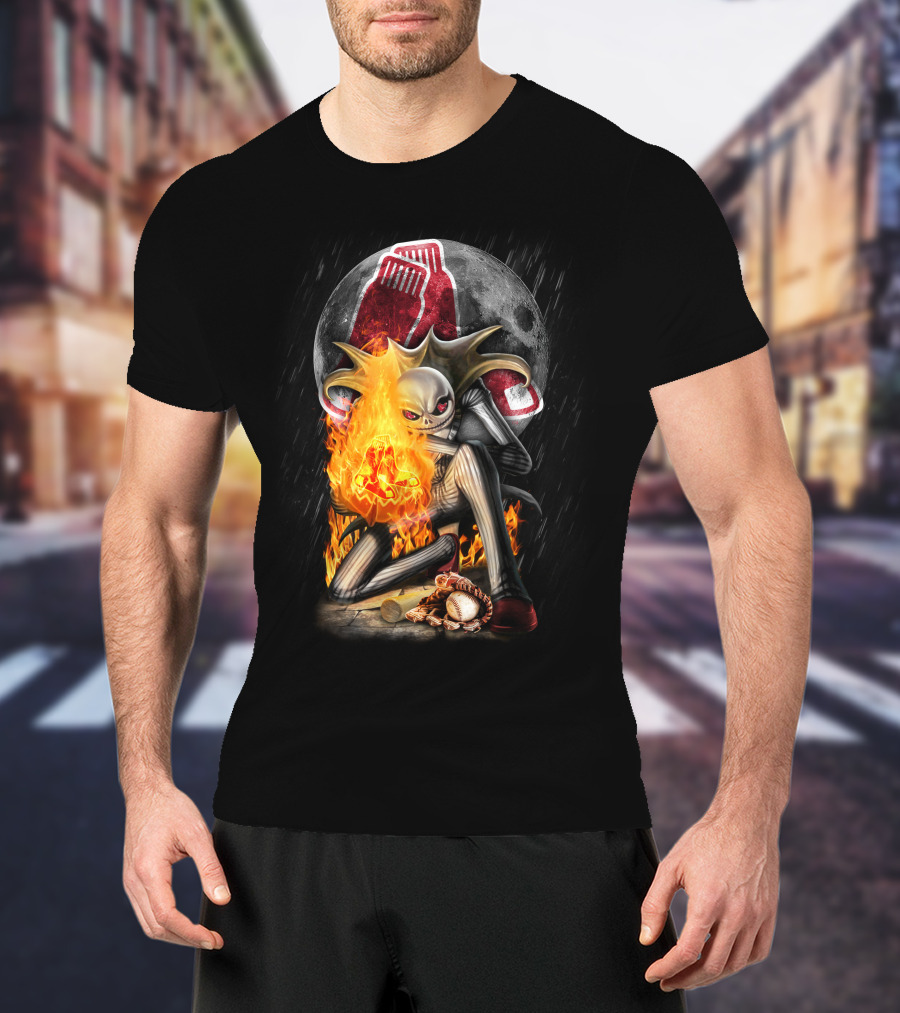 Jack Skellington Boston Red Sox Skeletal Flames Moon Baseball Fusion T-Shirt