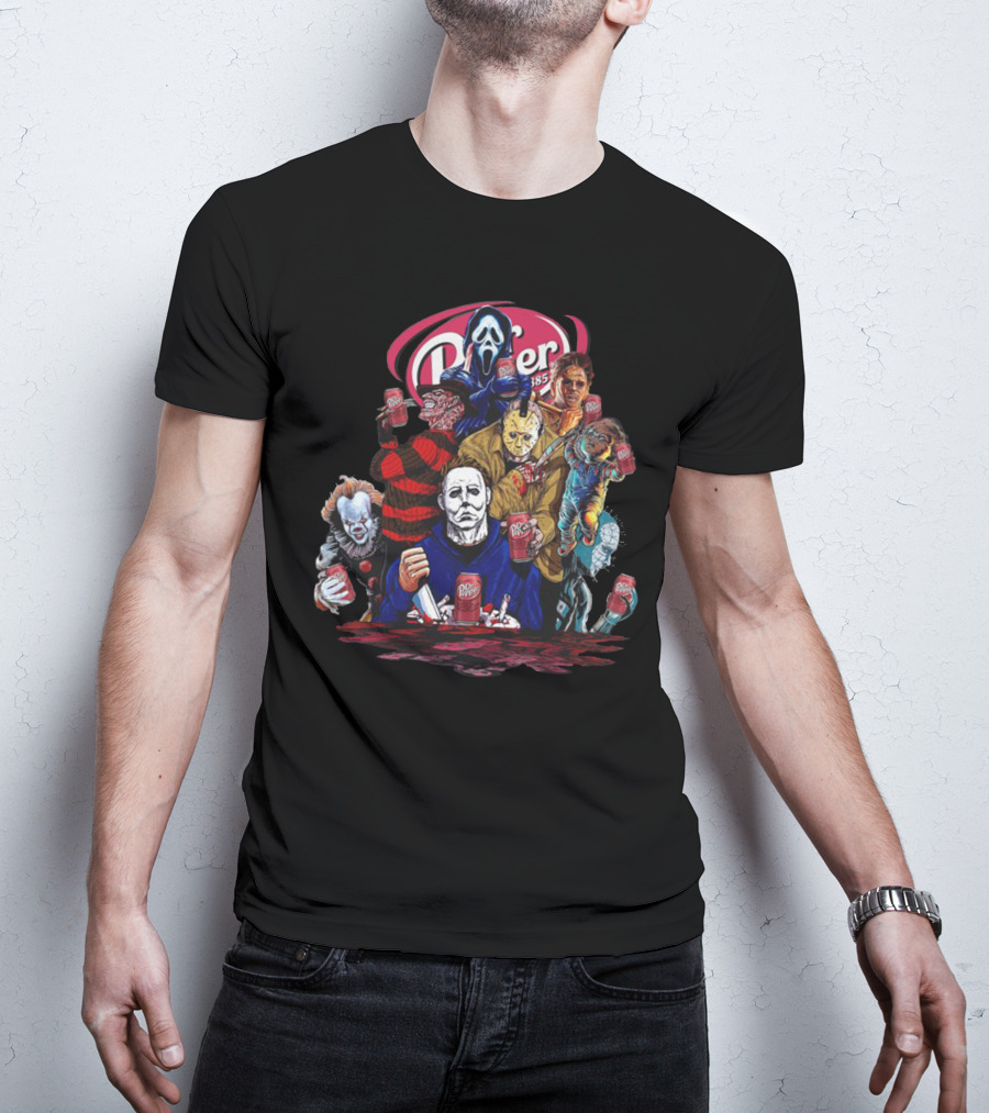 Dr Pepper Halloween Icons With Classic Horror Figures Holding Cans T-Shirt