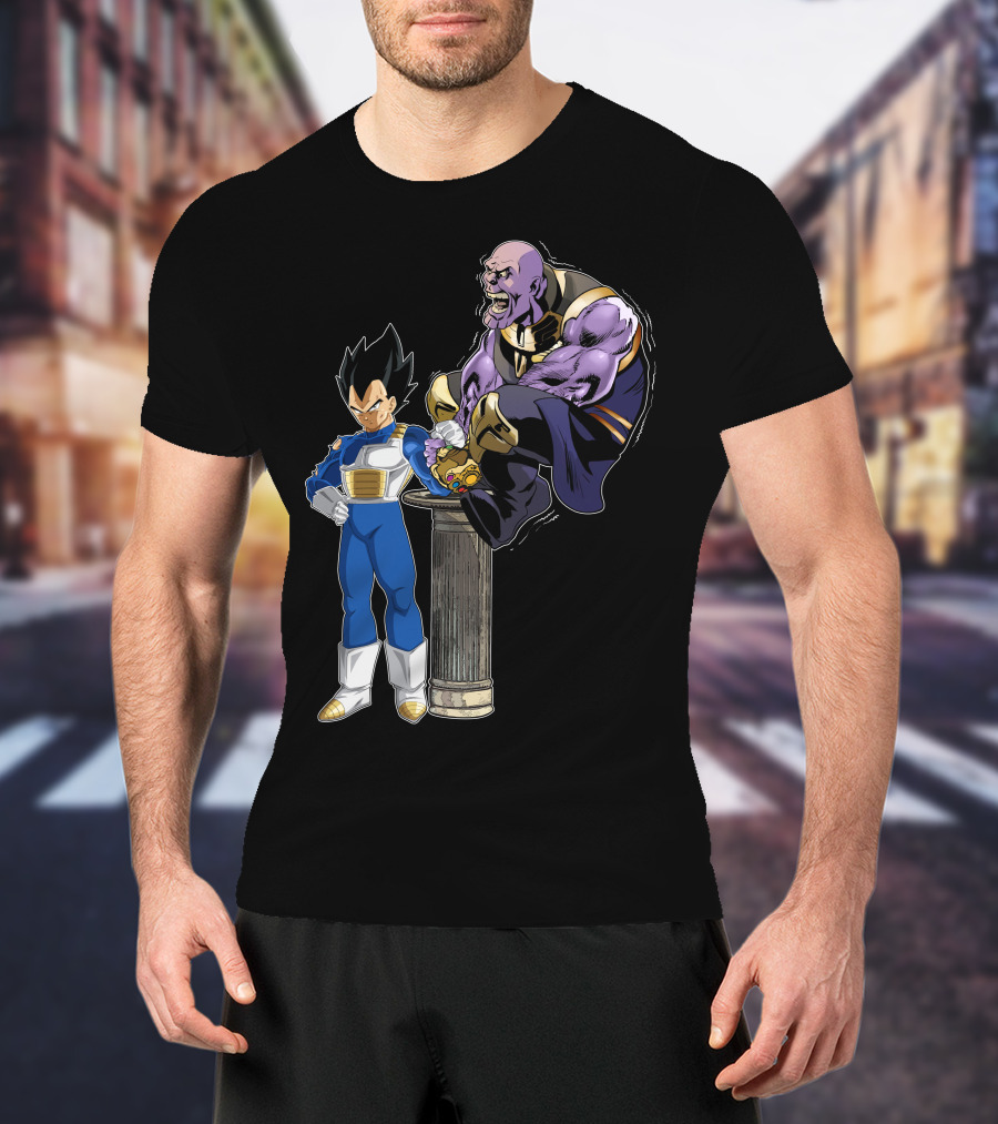 Vegeta And Thanos Arm Wrestling On Stone Pedestal T-Shirt