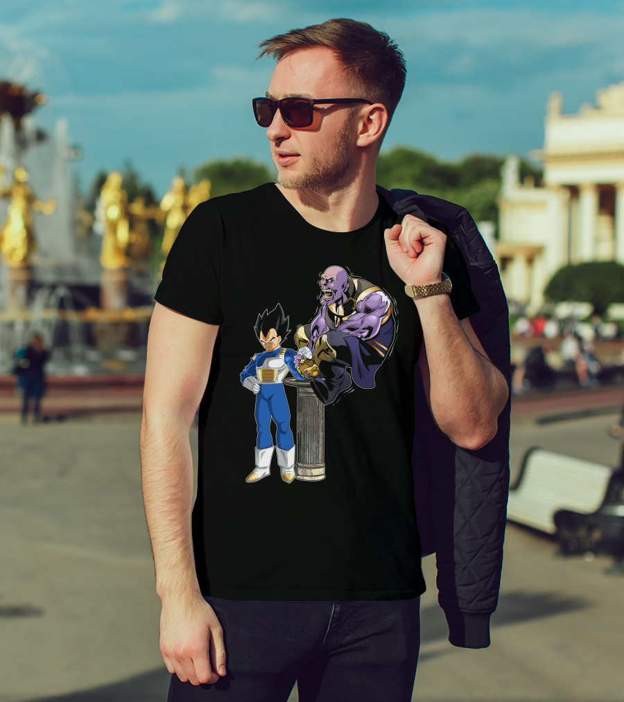 Vegeta And Thanos Arm Wrestling On Stone Pedestal T-Shirt