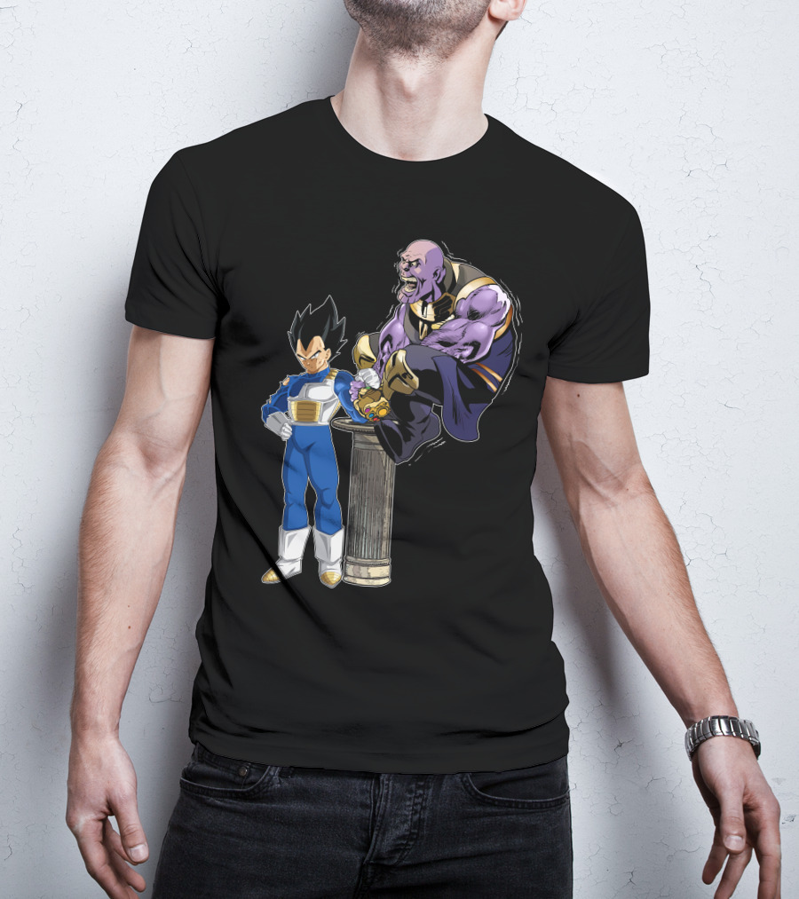 Vegeta And Thanos Arm Wrestling On Stone Pedestal T-Shirt