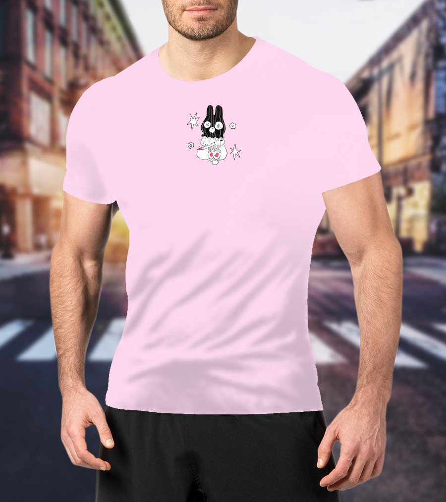Chloe Moriondo Bunny Holding Strawberry With Stars And Flowers On Pink Background T-Shirt