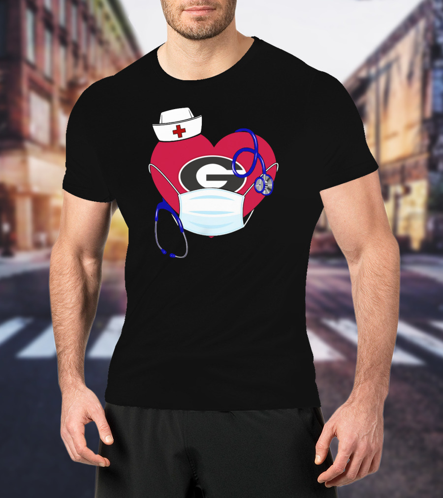 Georgia Bulldogs Heart Nurse Stethoscope Mask T-Shirt