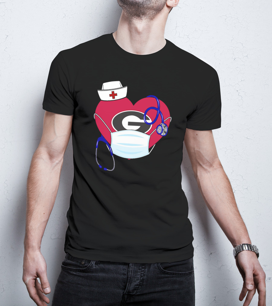 Georgia Bulldogs Heart Nurse Stethoscope Mask T-Shirt