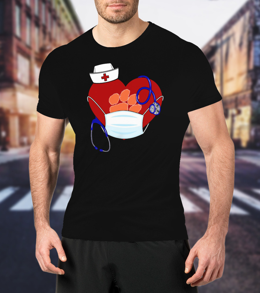 Heart Tigers Nursing Mask Stethoscope Paw Prints T-Shirt