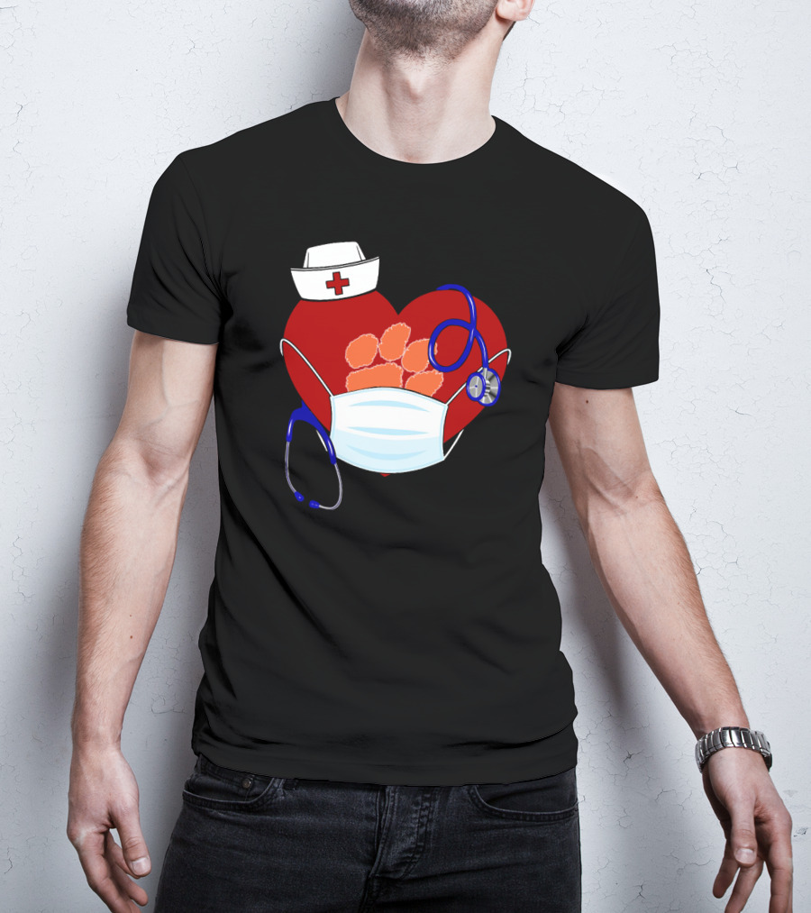 Heart Tigers Nursing Mask Stethoscope Paw Prints T-Shirt