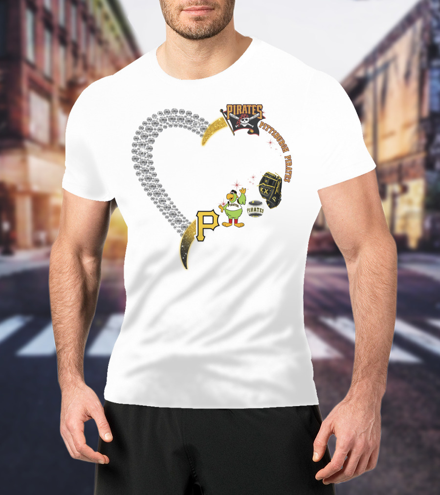 Pittsburgh Pirates Heart Logo Skully Parrot Baseball Glove P Patch T-Shirt
