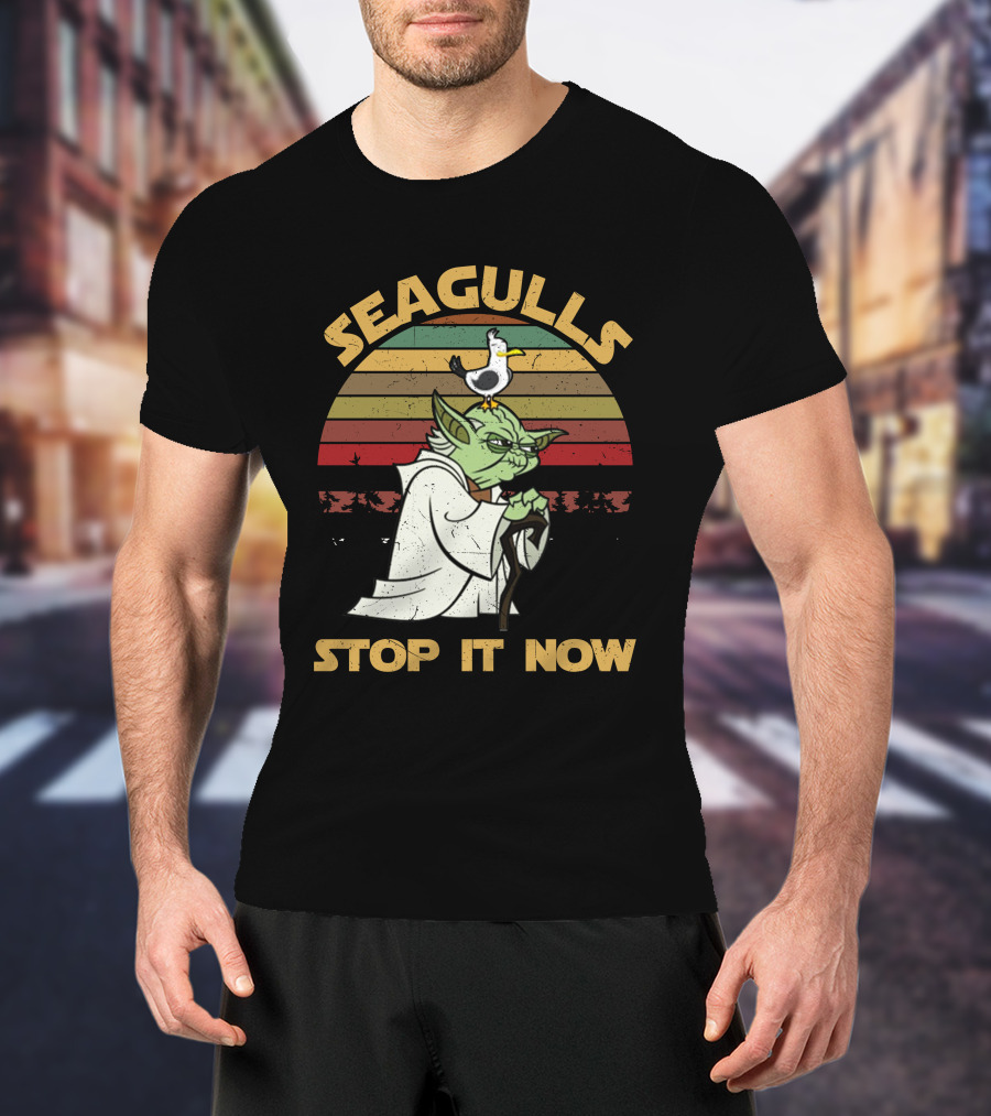 Seagulls STOP IT NOW Retro Yoda Parody With Seagull On Head T-Shirt