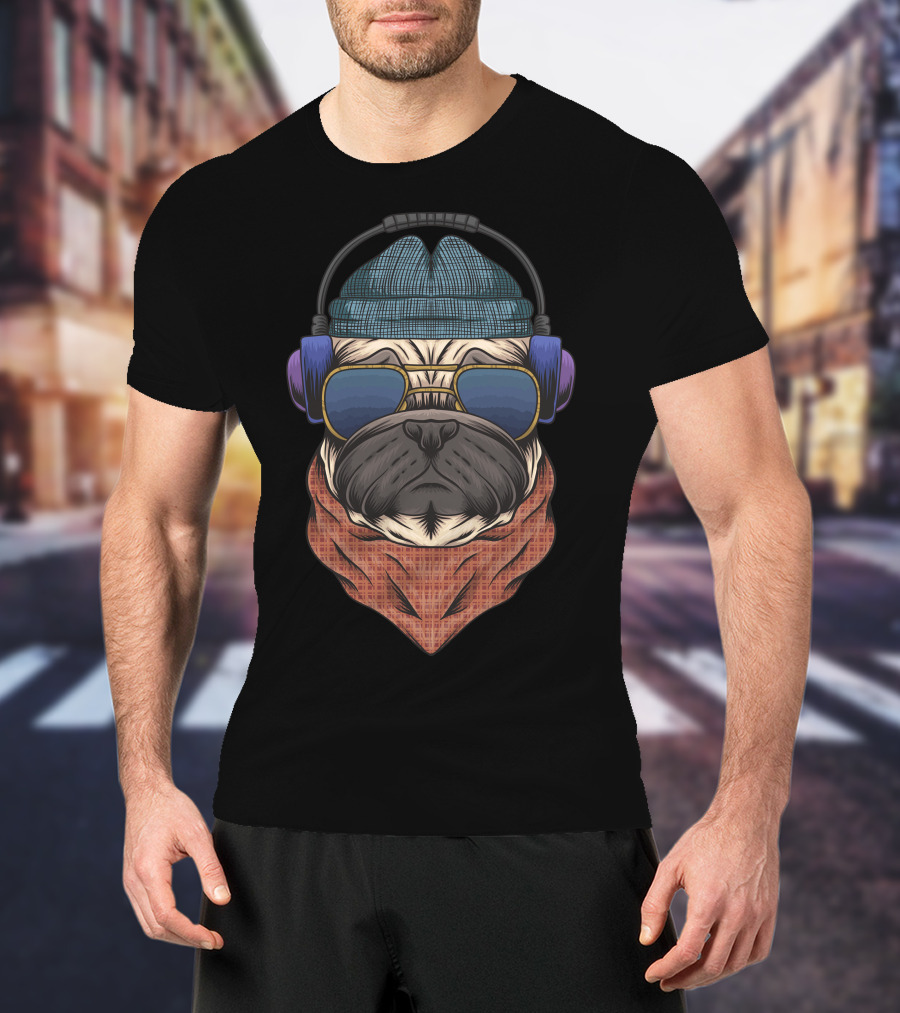 Bulldog Hipster Headphones Bandana Sunglasses Beanie T-Shirt