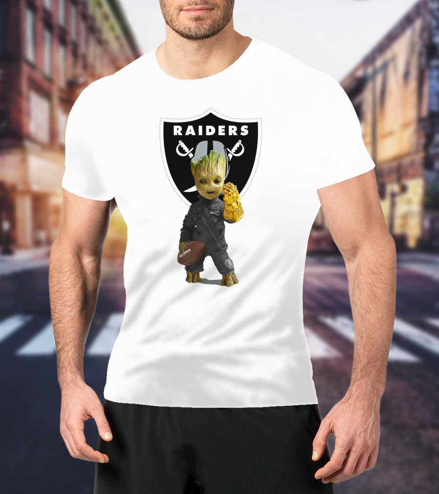 Las Vegas Raiders Groot Holding Football With Gauntlet In Front Of Raiders T-Shirt