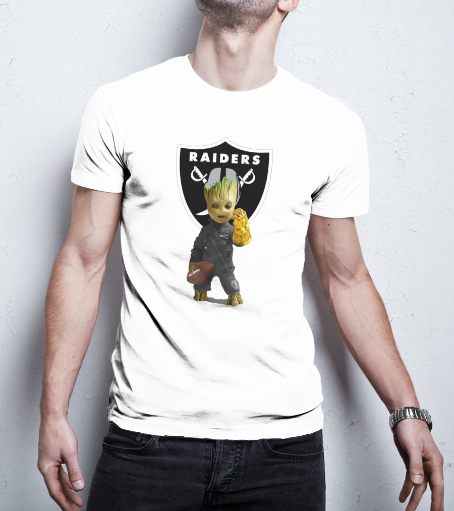 Las Vegas Raiders Groot Holding Football With Gauntlet In Front Of Raiders T-Shirt