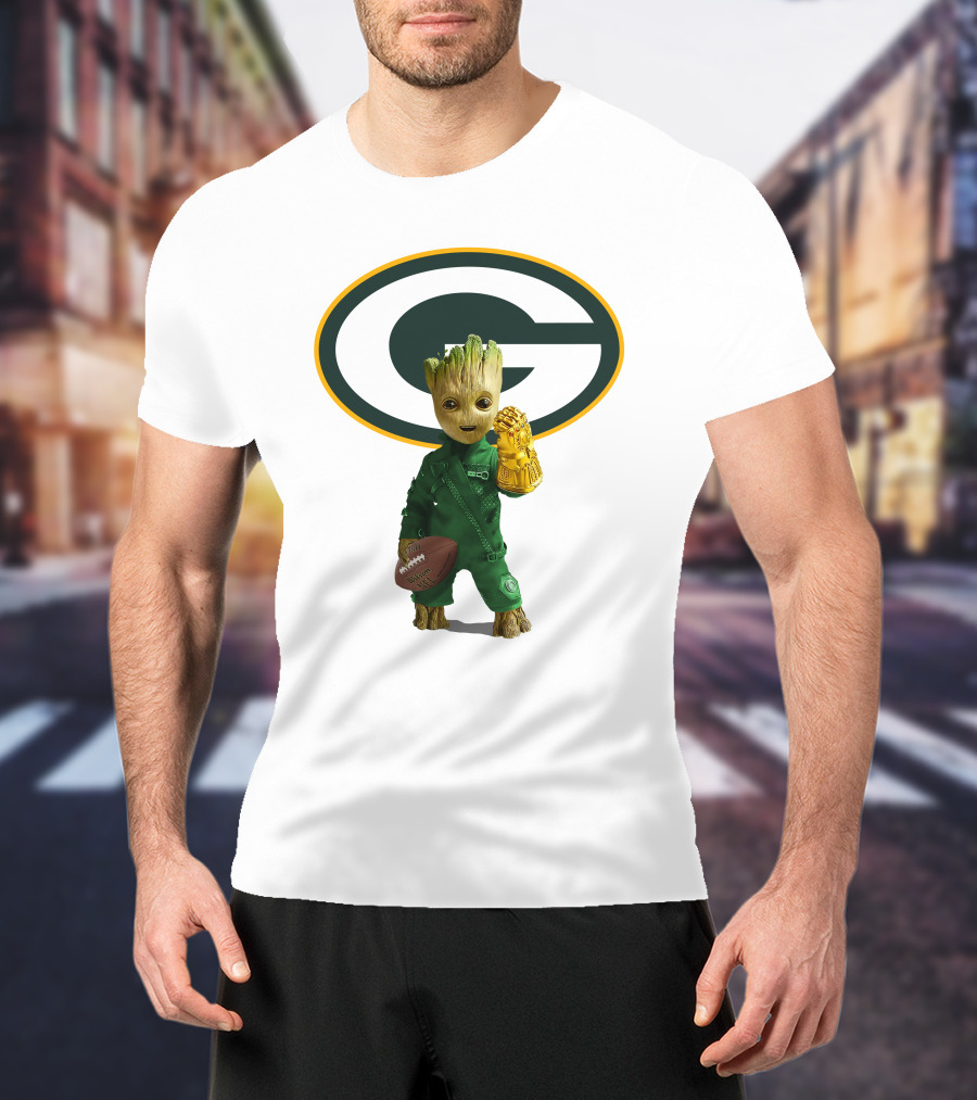 Green Bay Packers Groot Football Holding Infinity Gauntlet T-Shirt