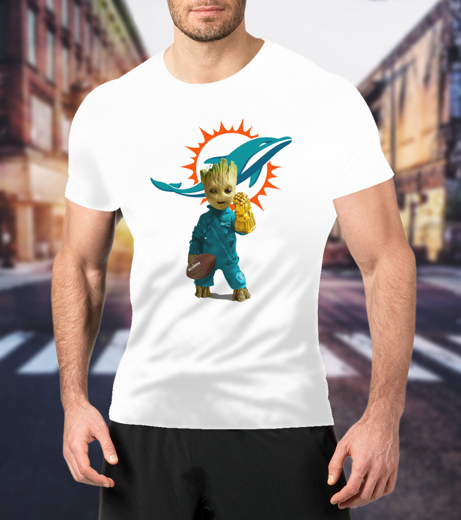Miami Dolphins Groot Holding Football And Infinity Gauntlet T-Shirt