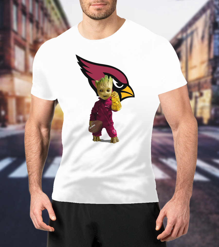 Arizona Cardinals Groot Holding Football And Infinity Gauntlet T-Shirt