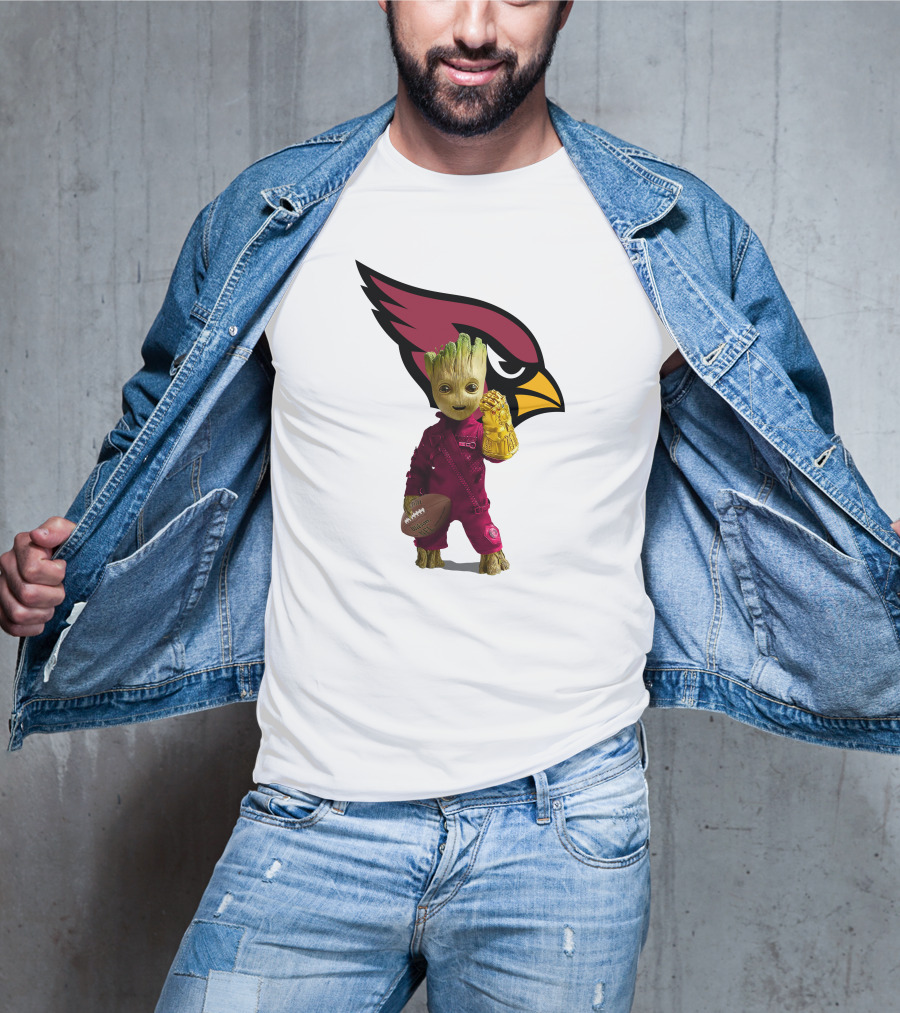 Arizona Cardinals Groot Holding Football And Infinity Gauntlet T-Shirt