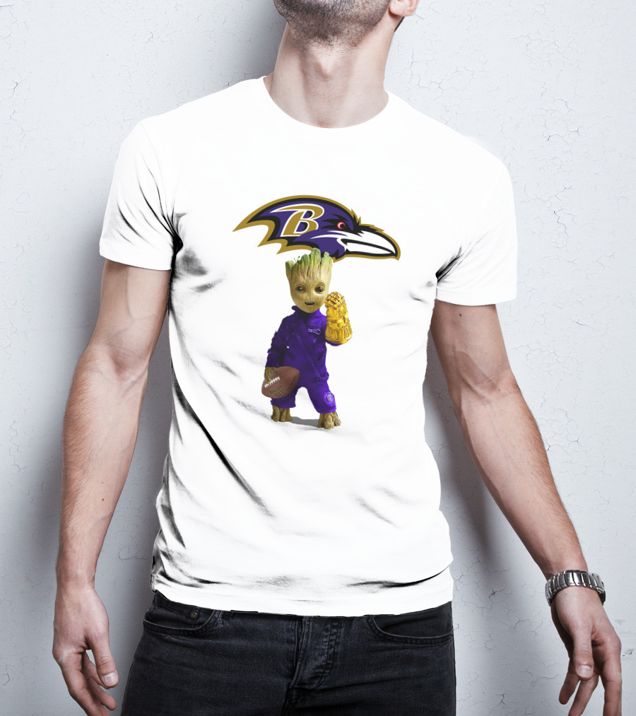 Baltimore Ravens Groot Holding Football And Infinity Gauntlet T-Shirt