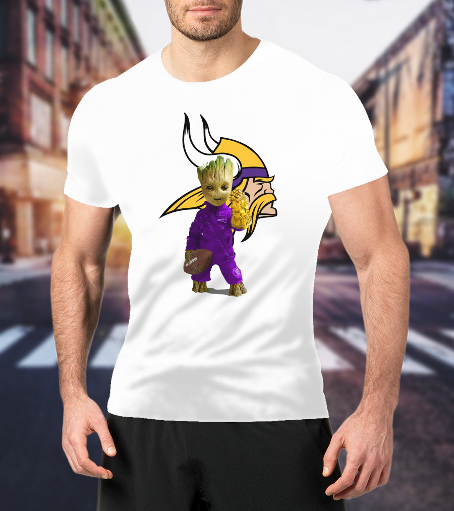 Minnesota Vikings Groot Holding Football And Infinity Gauntlet T-Shirt