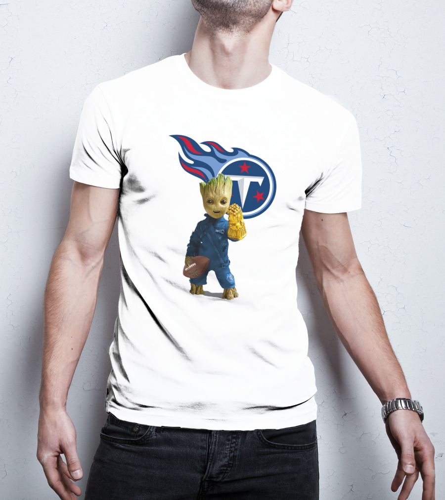Groot Holding Football Tennessee Titans Logo Infinity Gauntlet T-Shirt