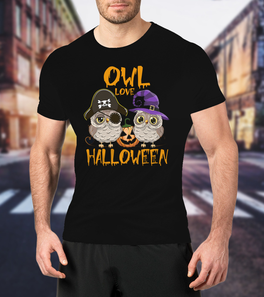 Owl Love Halloween Pirate And Witch Owls Pumpkin T-Shirt