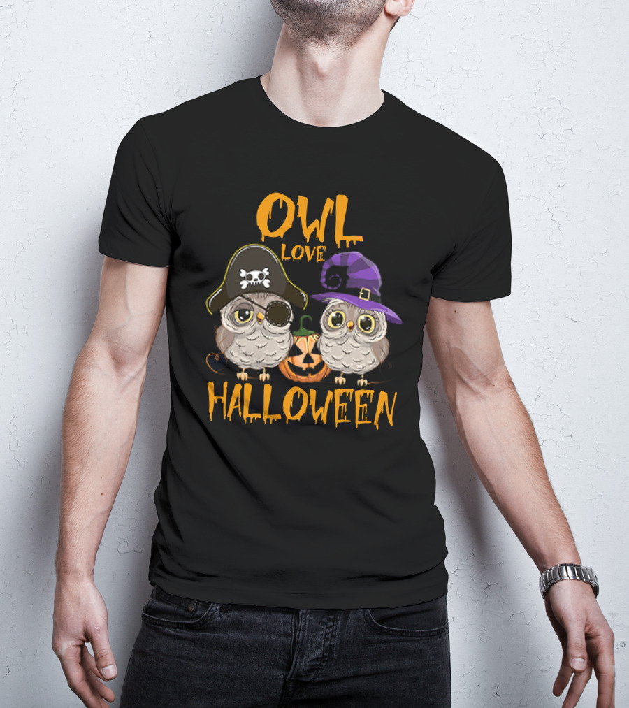Owl Love Halloween Pirate And Witch Owls Pumpkin T-Shirt