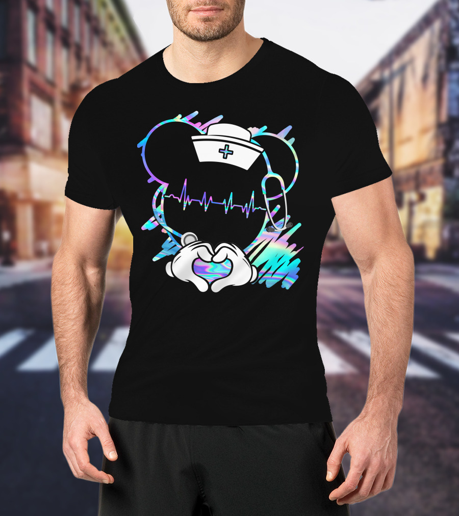 Nurse Disney Mickey Nurse Heartbeat Holographic T-Shirt