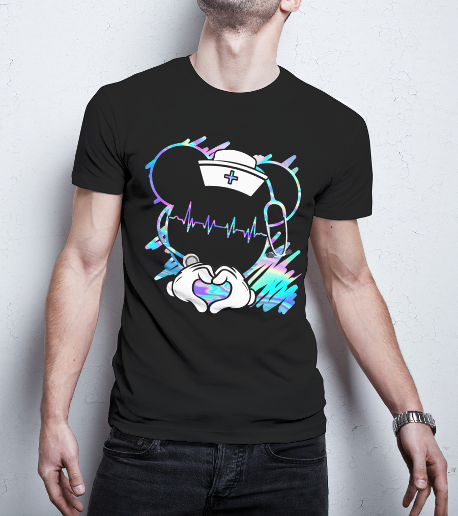 Nurse Disney Mickey Nurse Heartbeat Holographic T-Shirt
